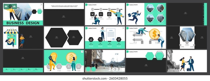 Set, business presentations, monetary financial circulation, buying gold coins. Infographic design template, green, black elements. Team people is creating a business. Vector illustration
