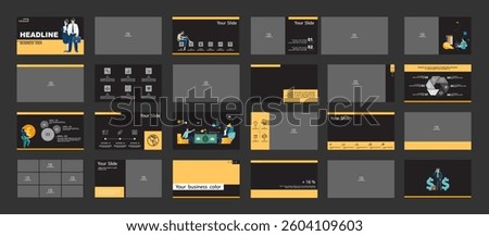 Set of business presentations, monetary financial circulation, buying gold coins. Infographic design template, yellow, black elements.Team people is creating a business.Vector illustration