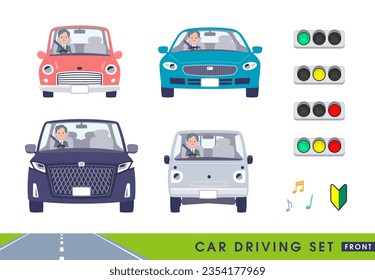 A set of business president man driving a car(front).It's vector art so easy to edit.