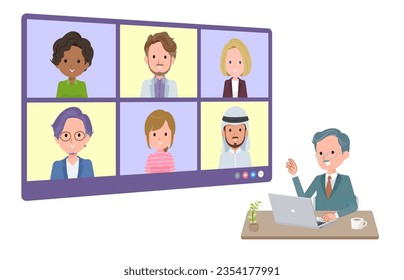 A set of business president man having an online meeting with multiple people. perspective angle.It's vector art so easy to edit.