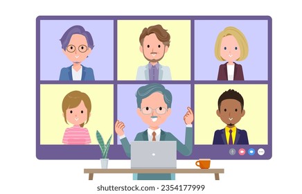 A set of business president man having an online meeting with multiple people. Front angle.It's vector art so easy to edit.