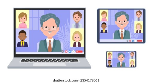 A set of business president man having an online meeting. A set of laptop, tablet and smartphone.It's vector art so easy to edit.