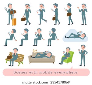 A set of business president man who uses a smartphone in various scenes.It's vector art so easy to edit.