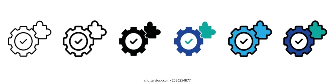 set business problem solution creative idea approved jigsaw piece icon vector puzzle challenge mission with checkmark element symbol illustration for web and app template design