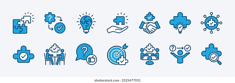 Set of business problem solving icon vector. Creative idea, solution, innovation, Inspiration, creativity. Containing jigsaw puzzle pieces, support, help, question, teamwork, connection, meeting