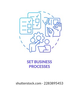 Set business processes blue gradient concept icon. Merge company team effectively abstract idea thin line illustration. Performing tasks. Isolated outline drawing. Myriad Pro-Bold font used