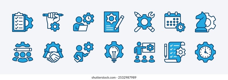 Set of business project icon vector. Containing planning, teamwork, strategy idea, manager, checklist, training, employee, schedule, time, development, innovation, solution, leadership, meeting