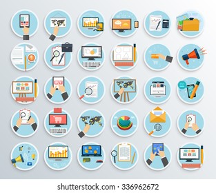 Set Of Business Promotion, Internet Shopping. Searh Web, Plan Abd Solution Task, Analysis Seo, Analitics Management, Internet Digital Development Illustration