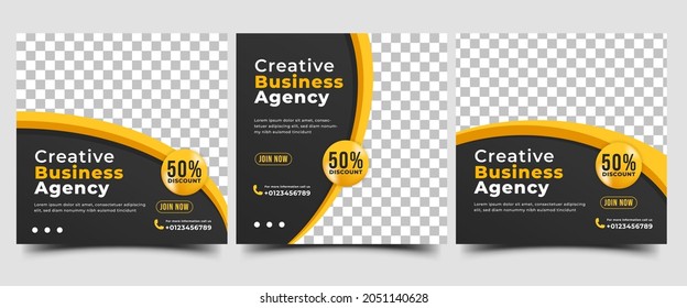 Set of Business promotion social media post template. Modern square banner with a black background and abstract yellow frame. Usable for social media, flyers, and websites.