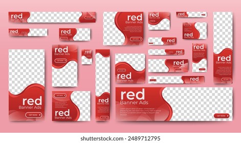 set of business red background for web ad banner template with text and image spaces. vector