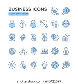 Conjunto de iconos de línea de vectores relacionados con el negocio. Contiene iconos como Business, Synergy, Business Partners, Money Saving, Investment y más.