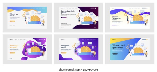Set of business reports via technology. Flat vector illustrations of men and women using computer. Business technology and software concept for banner, website design or landing web page