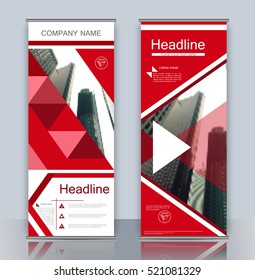 Set business roll up banner with flat geometric shapes. Abstract composition. City building image for brand flag. Info banner template. Interesting vector illustration. Cover design. Vertical flyer.
