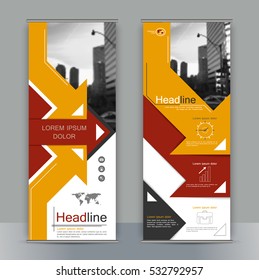 Set business roll up banner with geometric shapes. Abstract composition. City building image for brand flag. Info banner template. Interesting vector illustration. Cover design. Vertical flyer
