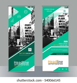 Set business roll up banner with geometric shapes. Abstract composition. City building image for brand flag. Info banner template. Interesting vector illustration. Cover design. Vertical flyer