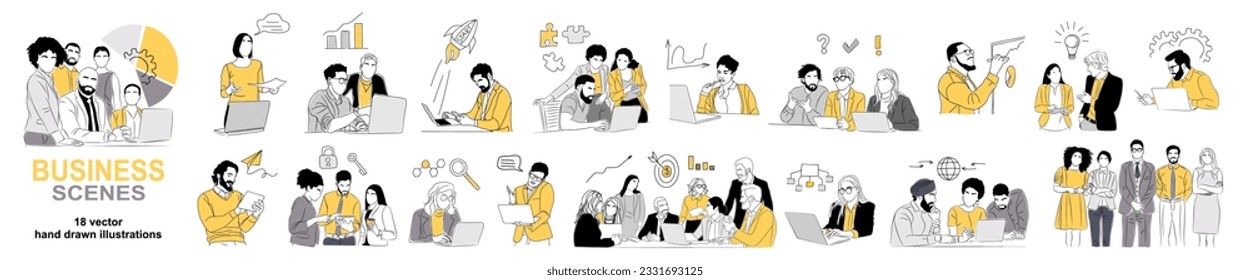 Set of Business scene vector outline illustrations isolate on white background. Collection of men, women, business team working together, taking part in business activities, meeting, discussing