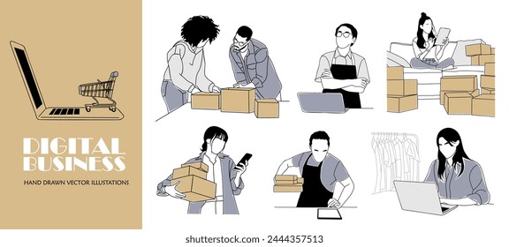 Set of Business scene vector outline illustrations