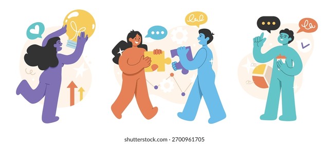 Eine Reihe von Geschäftsszenen mit Männern und Frauen. Illustrationen der Konzepte der Zusammenarbeit, Geschäftskommunikation, Zielsetzung, neue Ideen, Strategieentwicklung und Business Analytics