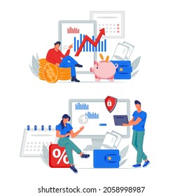 Set of business scenes on topic of online finance, earnings and money savings. Investment and profit increase with cartoon characters, flat vector illustration isolated on white background.