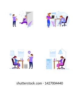 A set of business scenes with tiny men and women in the office for work and with clients.
