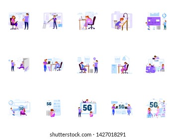 A set of business scenes with tiny men and women in the office for work and with clients.