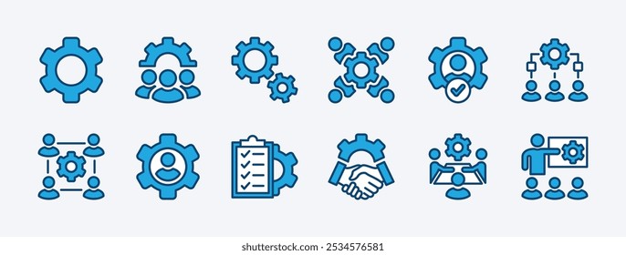 Ícone de configurações do conjunto de negócios. Opção de engrenagem ou engrenagem. Contendo gerenciamento, trabalho em equipe, ocupação, plano de ação, tarefas, colaboração, organização, handshake, recurso, reunião, equipe. Ilustração vetorial