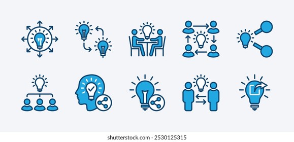 Set of business share idea, planning, innovation, creativity, inspiration and strategy icon. Containing light bulb, teamwork, discussion, team, group people, meeting, collaboration vector illustration