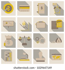 Set of business simple icons. Economic concept in flat style with long shadow