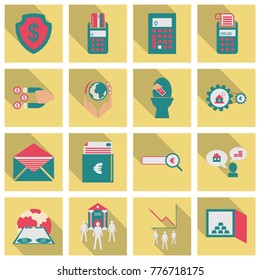 Set of business simple icons. Economic concept in flat style with long shadow