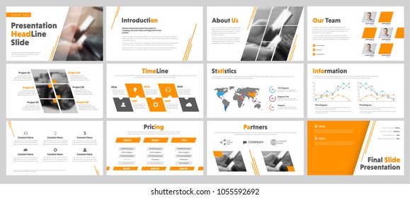 set of business slides for presentation with diagonal and transparent design elements and a place for photos. Templates of white color with orange, infographics for corporate reports and advertisement