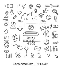 Set of business, social, technology doodle, hand drawn elements.