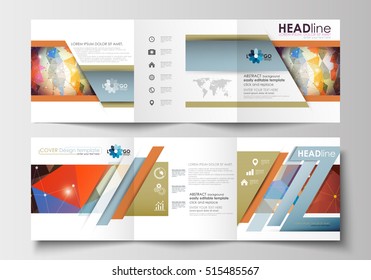 Set of business square templates for tri-fold brochures. Leaflet cover, flat layout, easy editable blank. Abstract colorful triangle design vector background with polygonal molecules