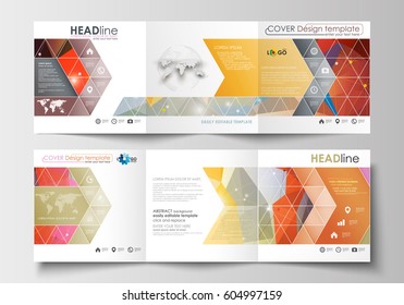 Set of business square templates for tri-fold brochures. Leaflet cover, flat layout, easy editable blank. Abstract colorful triangle design vector background with polygonal molecules.