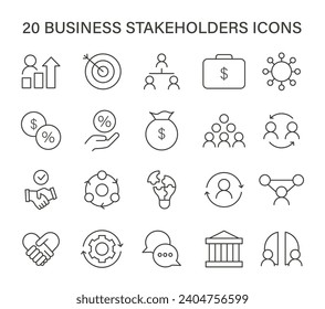 Set of business stakeholders icons, capturing essential elements like growth, targets, finance, and collaboration. Flat vector illustration.