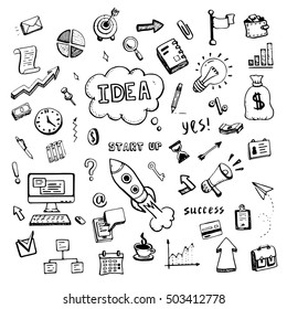 Set of business and start up doodles. Hand drawn financial doodle sketch elements: hourglass, rocket, book, arrow, graph, chart, laptop, tool. Vector illustration.