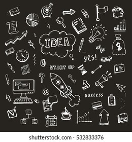 Set of business and start up doodles. Hand drawn financial doodle sketch elements: hourglass, rocket, book, arrow, graph, chart, laptop, tool. Vector illustration.