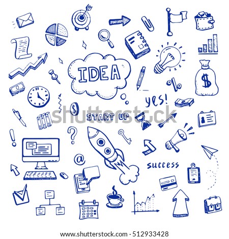 Set of business and start up doodles. Hand drawn financial doodle sketch elements: hourglass, rocket, book, arrow, graph, chart, laptop, tool. Vector illustration.