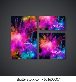 Set of business stationery template. Multicolored explosive clouds of powder dye. Vector art illustration of dusty colorful explosions. Applicable for poster, banner, brochure, card or flyer design