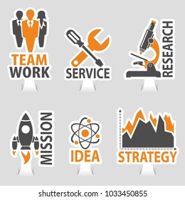 Set Business Stickers with Microscope, Rocket, Idea and Teamwork Icons. Vector illustration