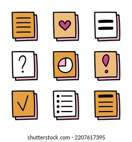 Set of business stickers. Notepad sticky sticker in hipster style with list, information, question mark, exclamation point header. Vector hand drawn doodle with outline. Cute business illustration.