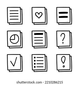 Set of business stickers. Notepad sticky sticker in hipster style with list, information, question mark, exclamation point header. Vector hand drawn doodle with outline. Cute business illustration.