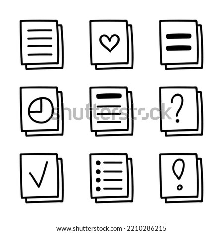 Set of business stickers. Notepad sticky sticker in hipster style with list, information, question mark, exclamation point header. Vector hand drawn doodle with outline. Cute business illustration.