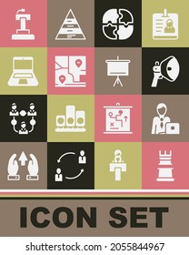 Set Business strategy, Businessman, Megaphone, Piece of puzzle, Folded map with location, Laptop, Stage stand or tribune and Chalkboard icon. Vector