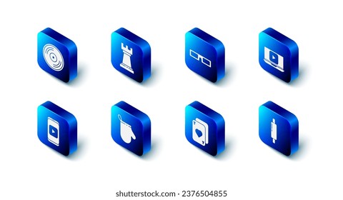 Set Business strategy, Cinema glasses, Online play video, Rolling pin, Playing cards, Oven glove,  and Vinyl disk icon. Vector