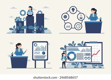 Set of Business Strategy and Data Analysis Concept Illustration