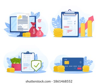 Set of business strategy illustrations. Concept of financial strategy, investing and setting goals to earn money. Flat vector illustration