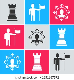 Set Business strategy, Man holding flag and Project team base icon. Vector