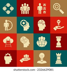 Set Business strategy, Old hourglass with flowing sand, Light bulb hand, User of man business suit, Human head gear inside, Time Management, Project team base and puzzles icon. Vector