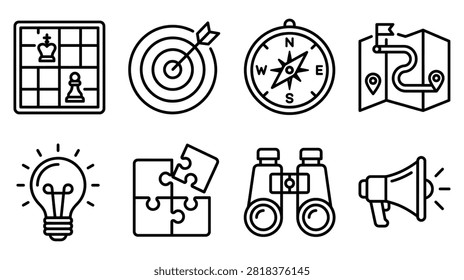 Set of business strategy and planning line icons with strategy planning business management leadership marketing lightbulb binoculars