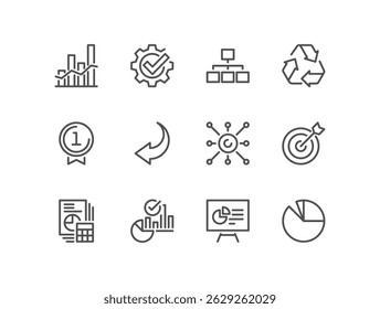 Set of business strategy success related icons, growth and planning symbols, target achievement, financial progress, leadership vision, teamwork and performance metrics and linear variety vectors.